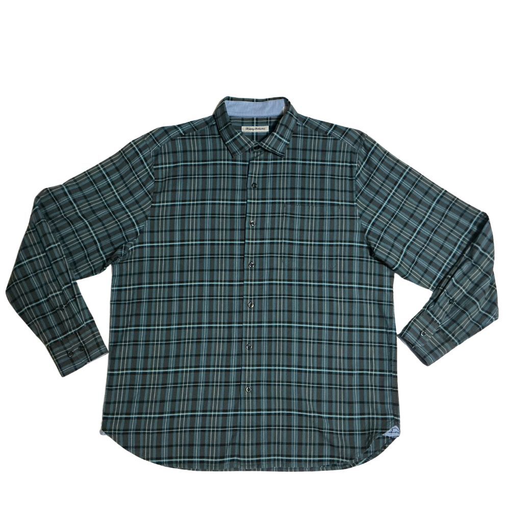 Tommy Bahama Mens Silk Blend Shirt Lg Plaid Long Sleeve Button Down Blue Gray